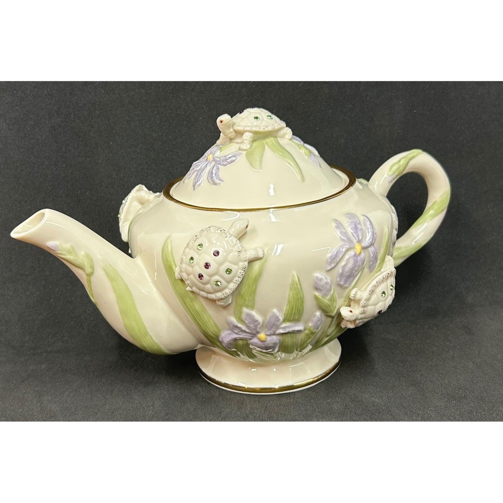 Lenox The Garden Turtles Teapot Jeweled Porcelain Iris Flower Nature